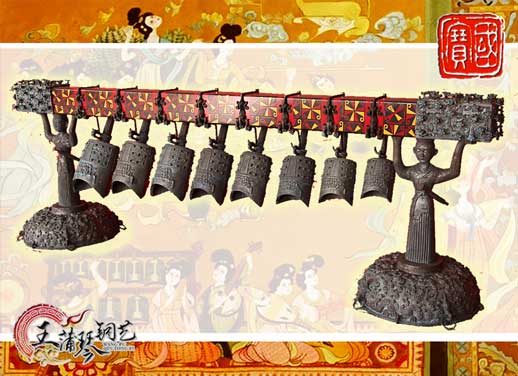 8件古編鐘，銅人銅座裝飾，可發(fā)音